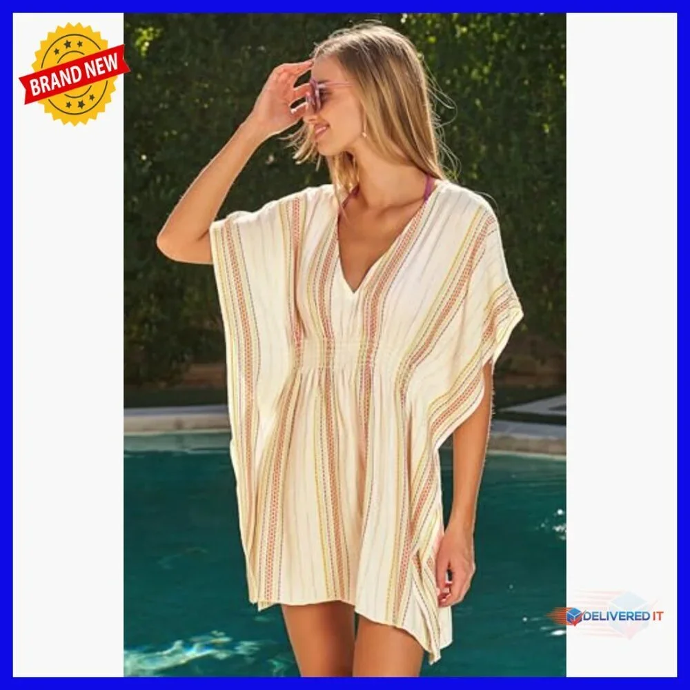 Long Sleeve Flutter Tunic Coverup with V-Neck and Metallic Stripes